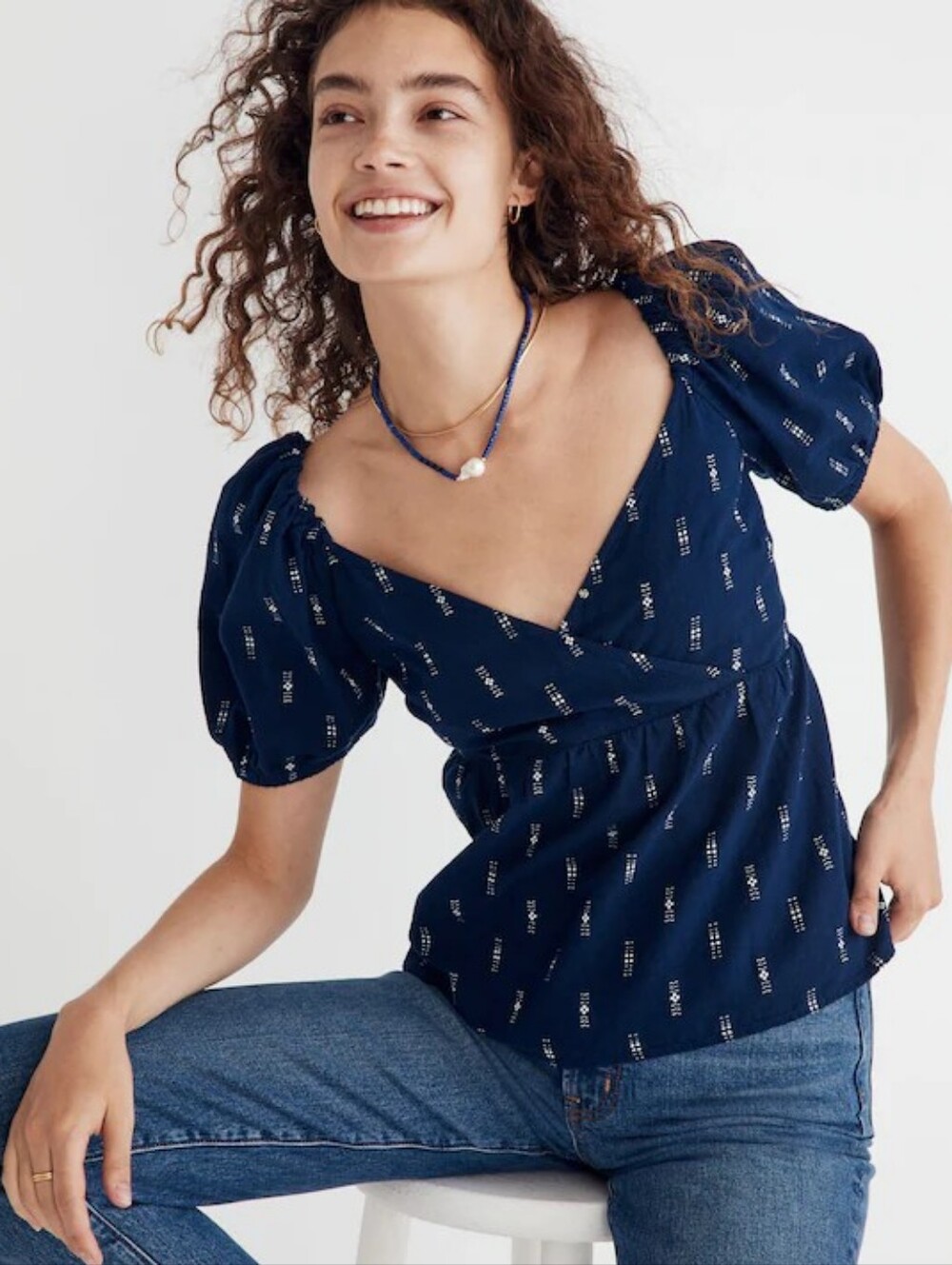 Madewell Jacquard Puff-Sleeve Empire Top, Small, Navy Jacquard